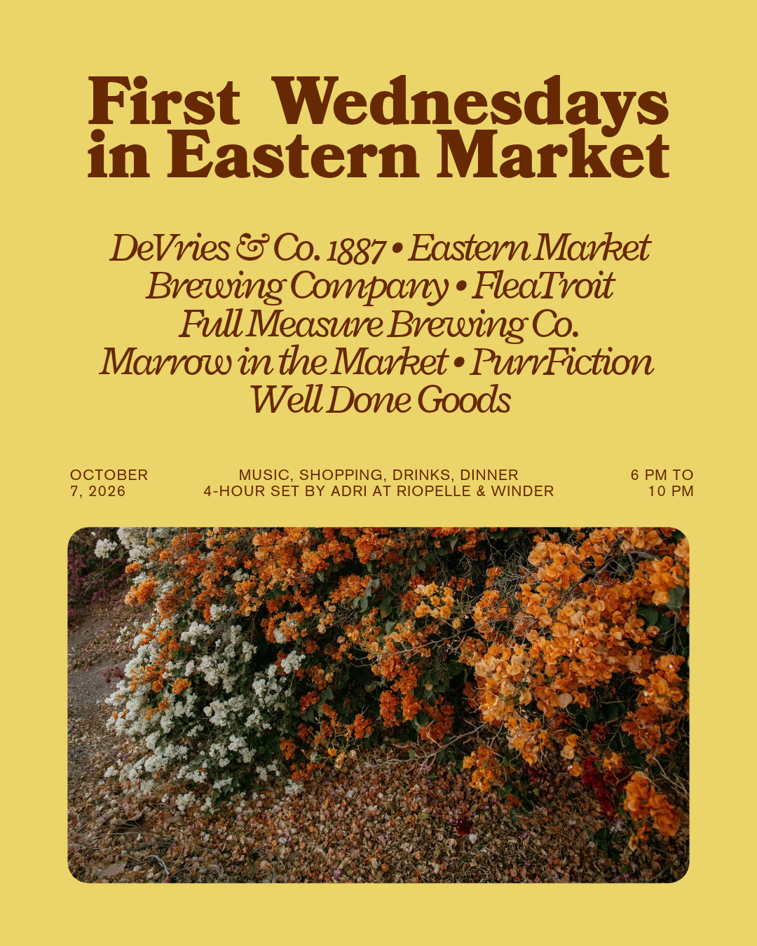 First Wednesdays in Eastern Market flyer — October 7, 2026 edition, 6 PM to 10 PM