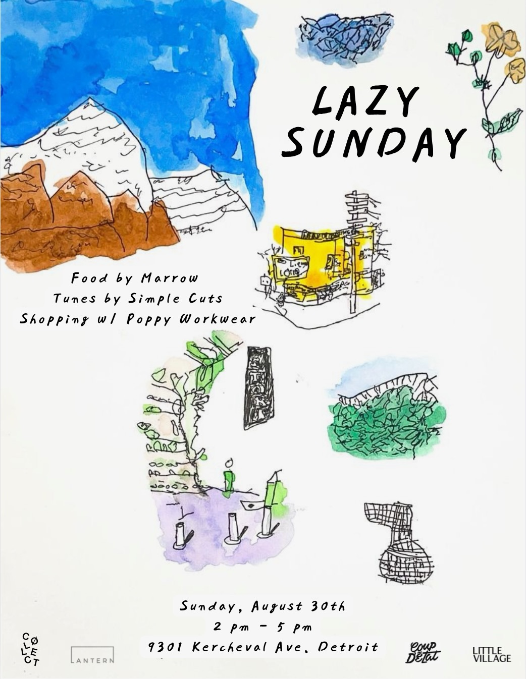 Lazy Sunday with Marrow flyer — August 30, food, music, and shopping