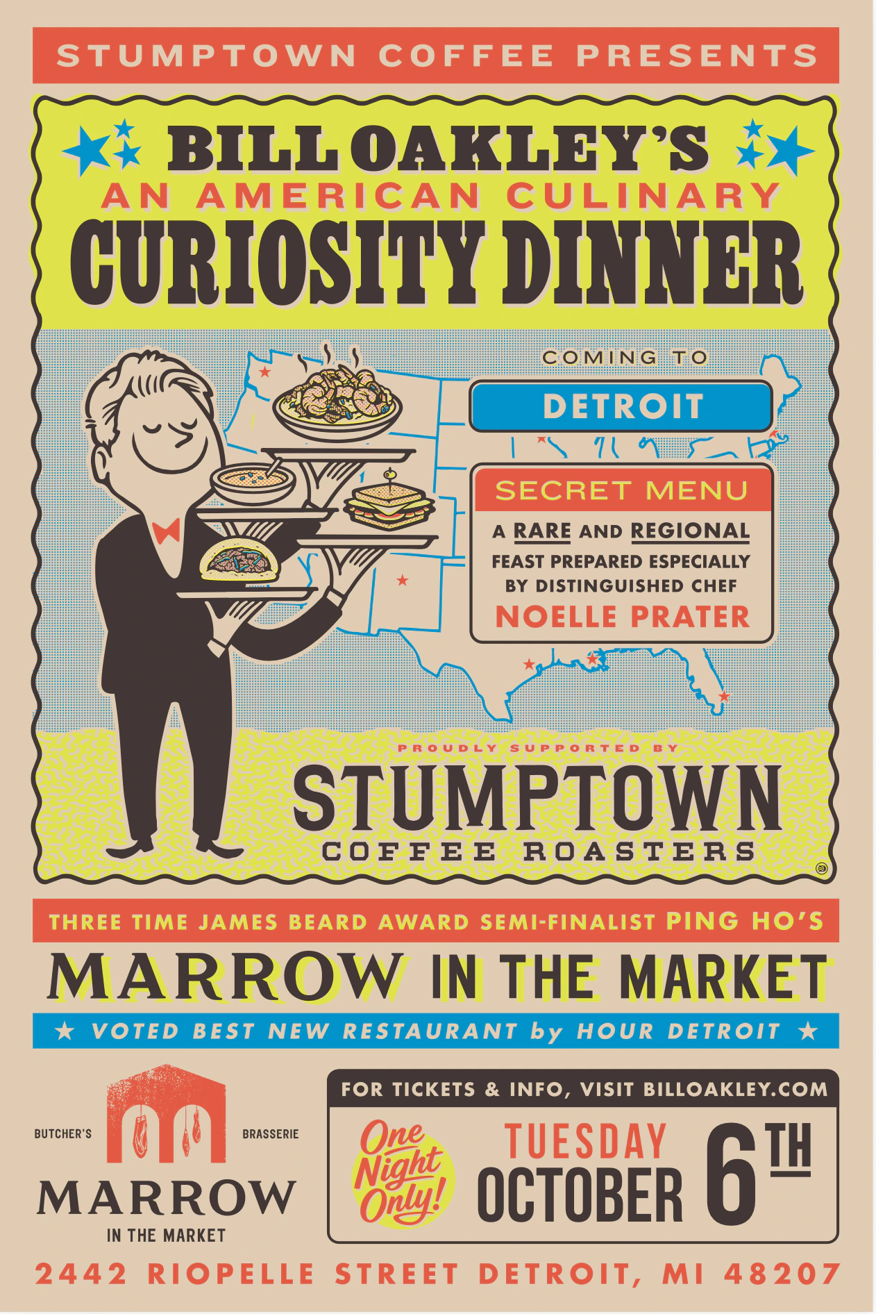 Retro-style flyer for Bill Oakley's An American Culinary Curiosity Dinner, coming to Detroit at Marrow in the Market, Tuesday October 6
