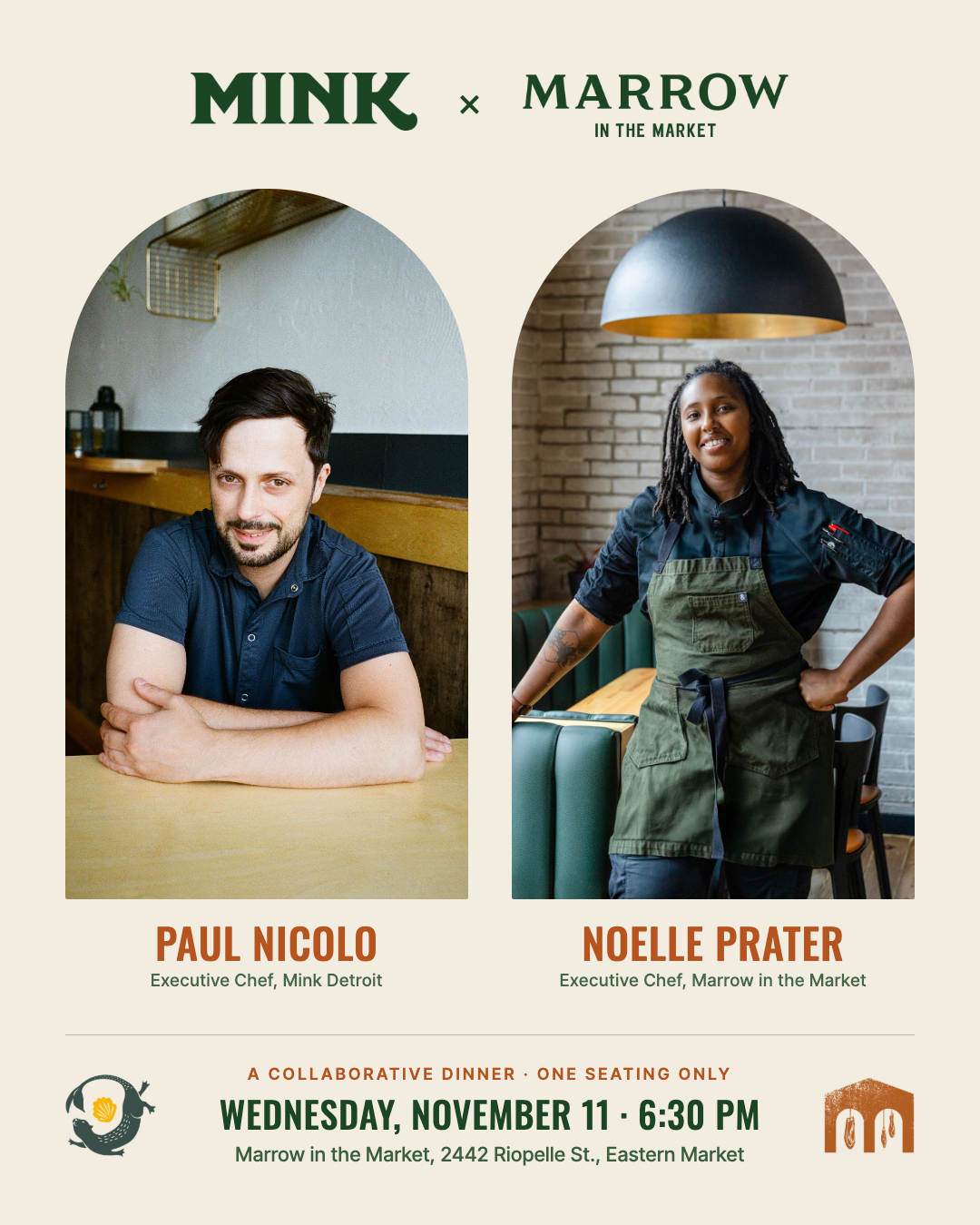 Mink x Marrow in the Market collaborative dinner flyer with Executive Chefs Paul Nicolo and Noelle Prater, Wednesday, November 11 at 6:30 PM