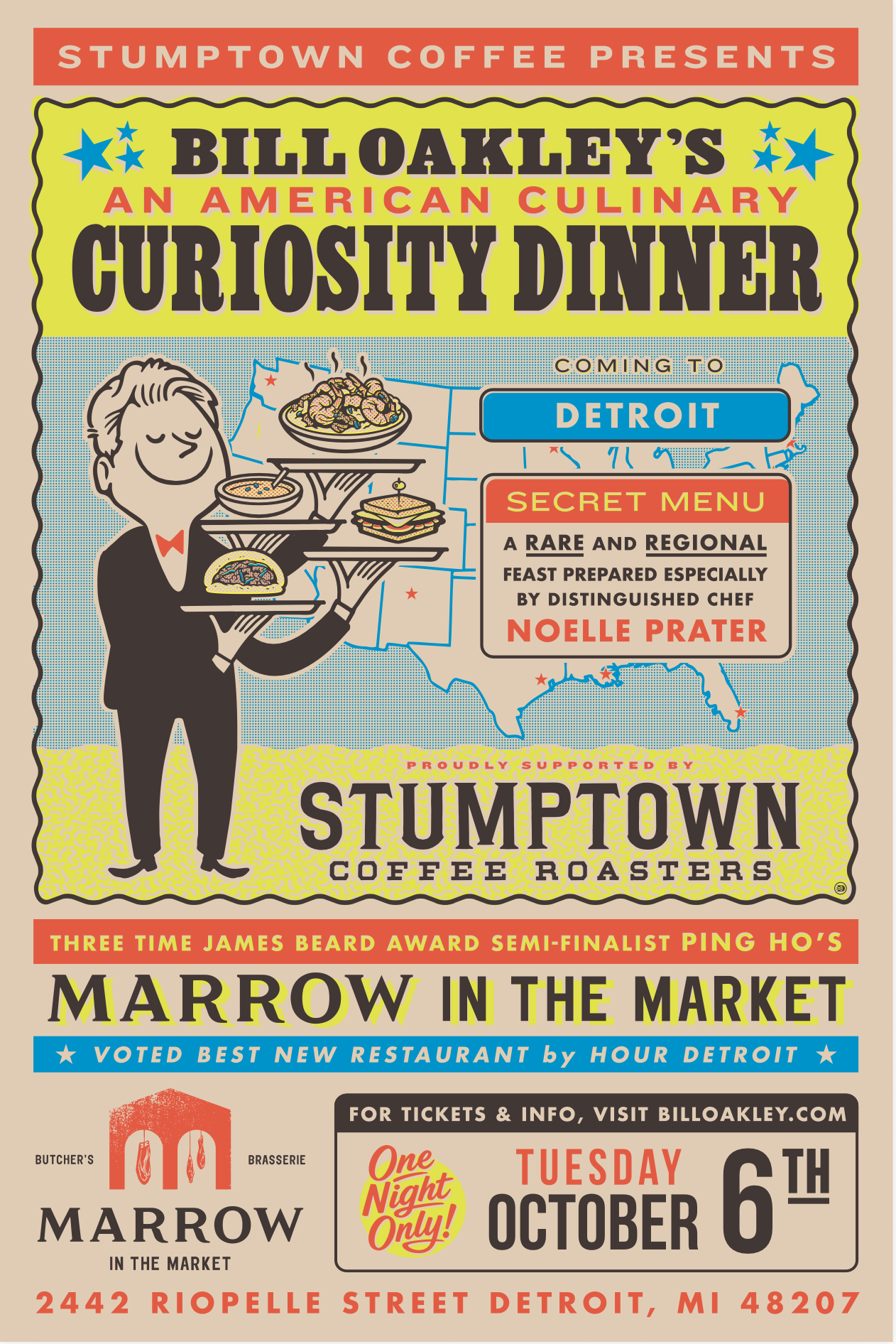 Retro-style flyer for Bill Oakley's An American Culinary Curiosity Dinner, coming to Detroit at Marrow in the Market, Tuesday October 6
