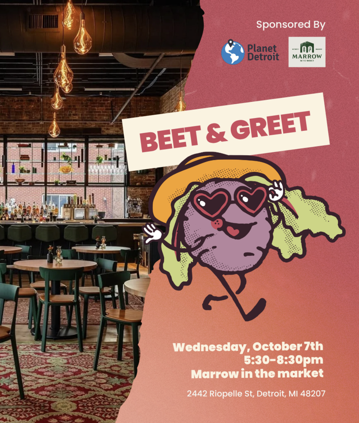 Beet & Greet flyer at Marrow in the Market, October 7, 5:30–8:30 PM, sponsored by Planet Detroit and Marrow