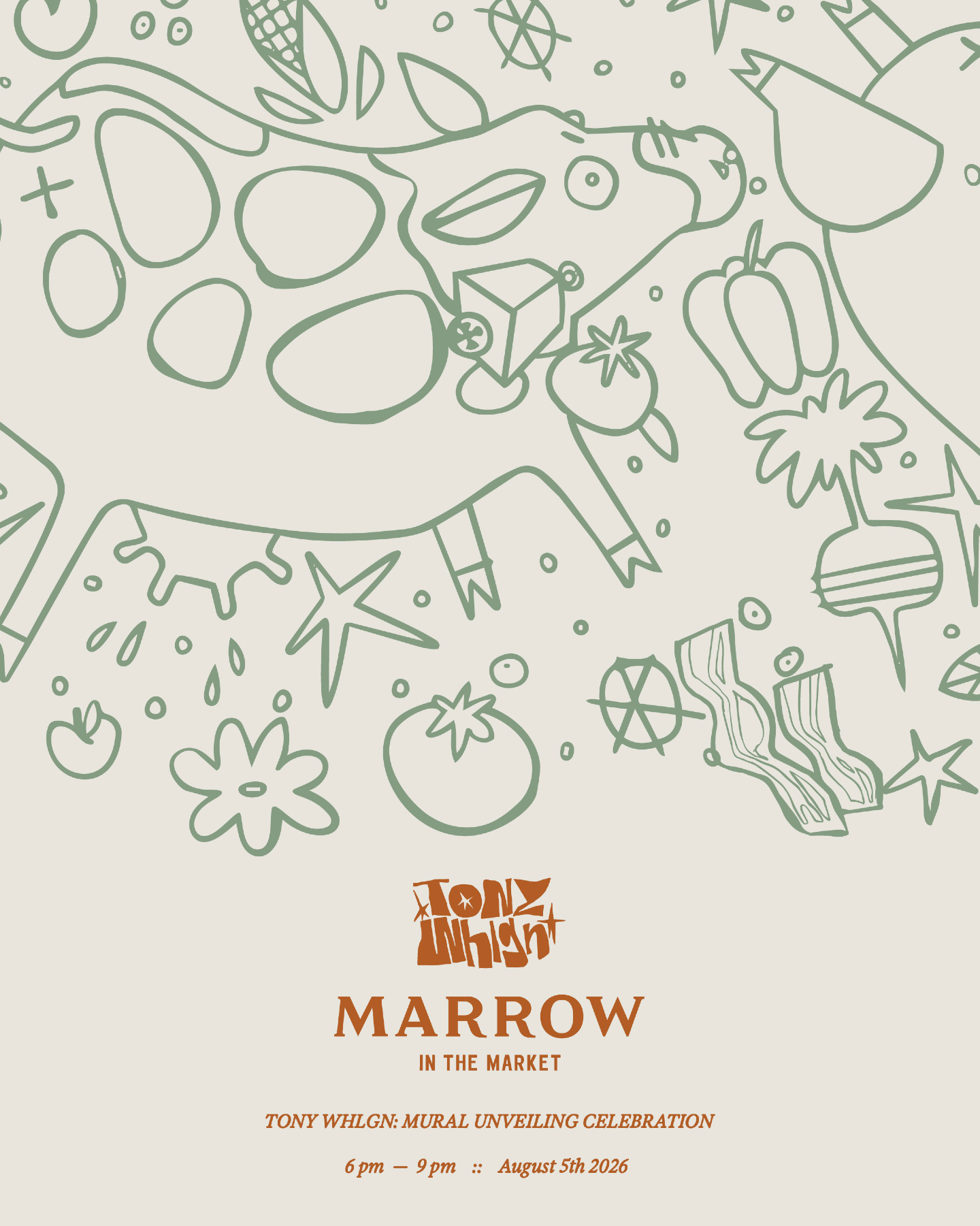 Flyer for the Tony Whlgn mural unveiling celebration at Marrow in the Market
