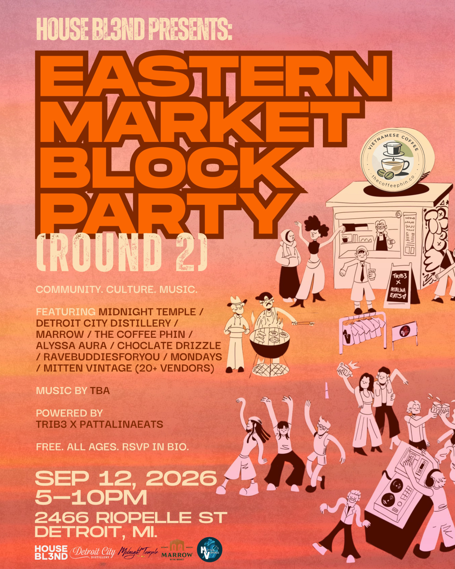 House BL3ND Eastern Market Block Party (Round 2) flyer — Sep 12, 2026, 5–10 PM, at 2466 Riopelle St Detroit