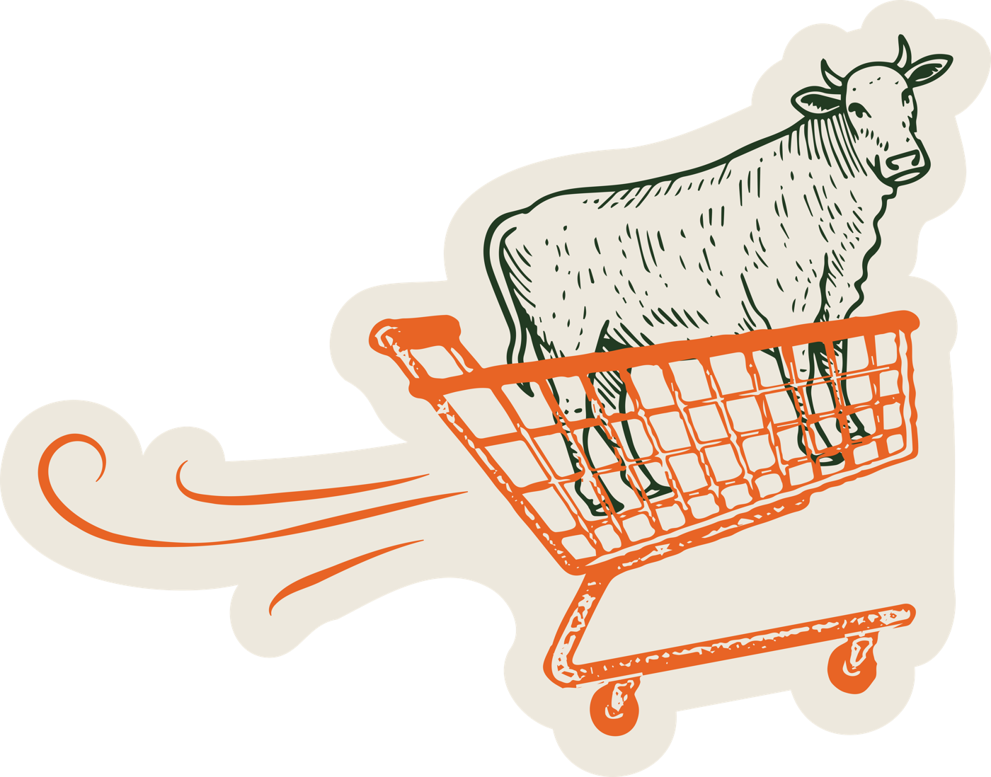 Illustration of a cow riding in a shopping cart